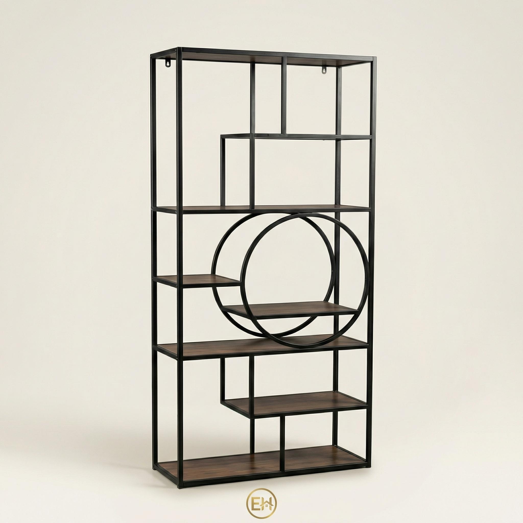 כוננית מדפים מעוצבת עם מדפי עץ טבעי|||Стеллаж с деревянными полками натурального цвета