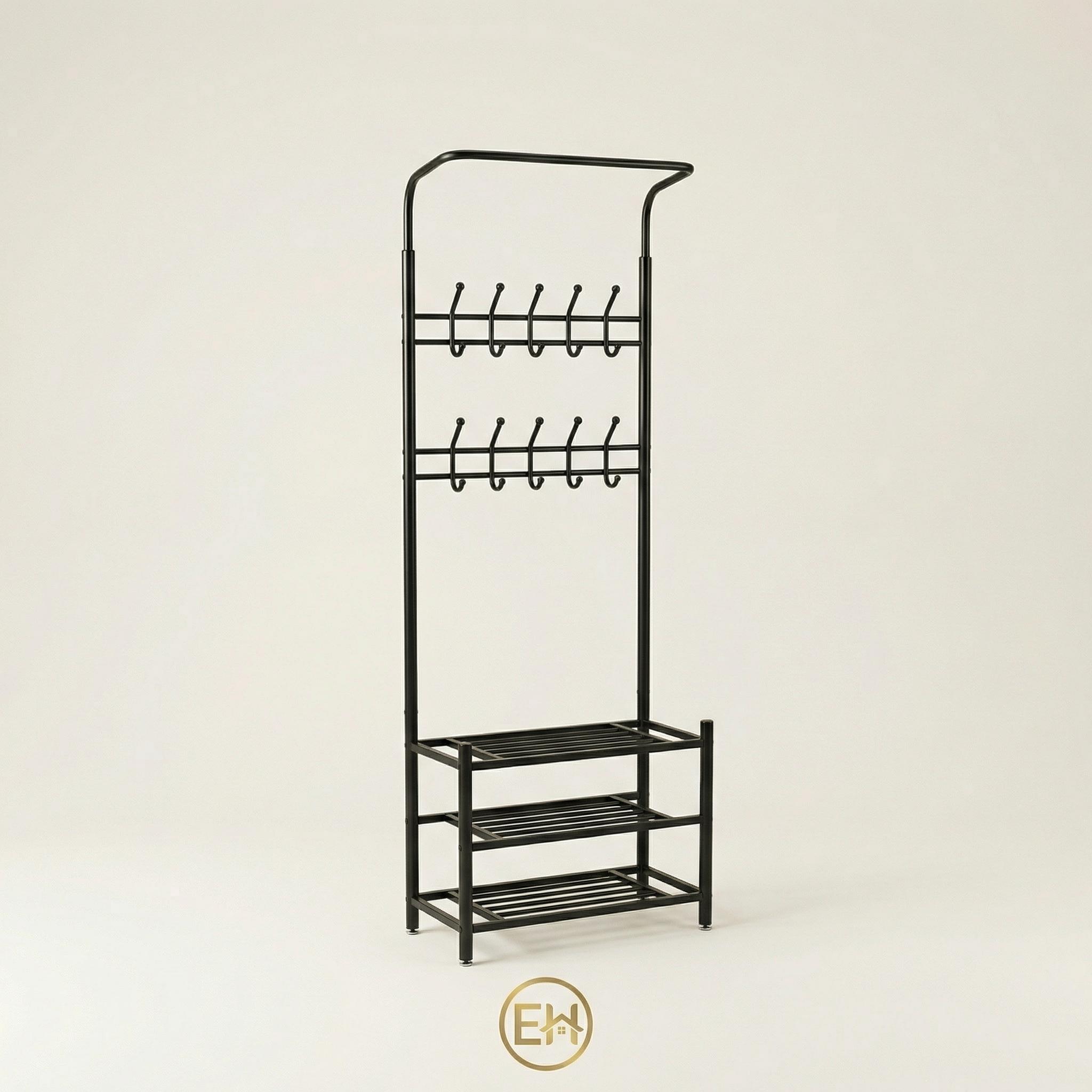 מתלה בגדים רצפתי עם ווים ומדף נעליים|||Напольная вешалка для одежды с крючками и полкой для обуви