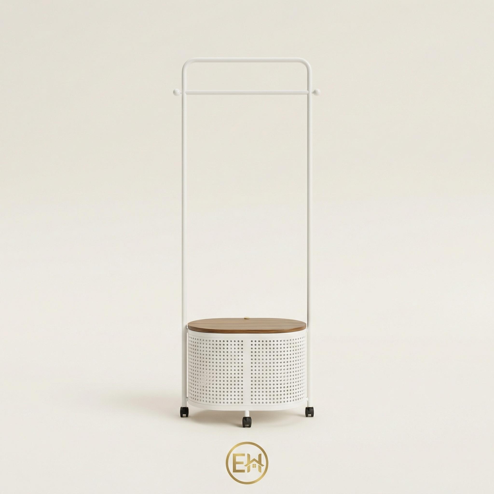 מתלה בגדים רצפתי עם מדף וסל אחסון לבן|||Напольная вешалка для одежды с полкой и чёрной корзиной хранения