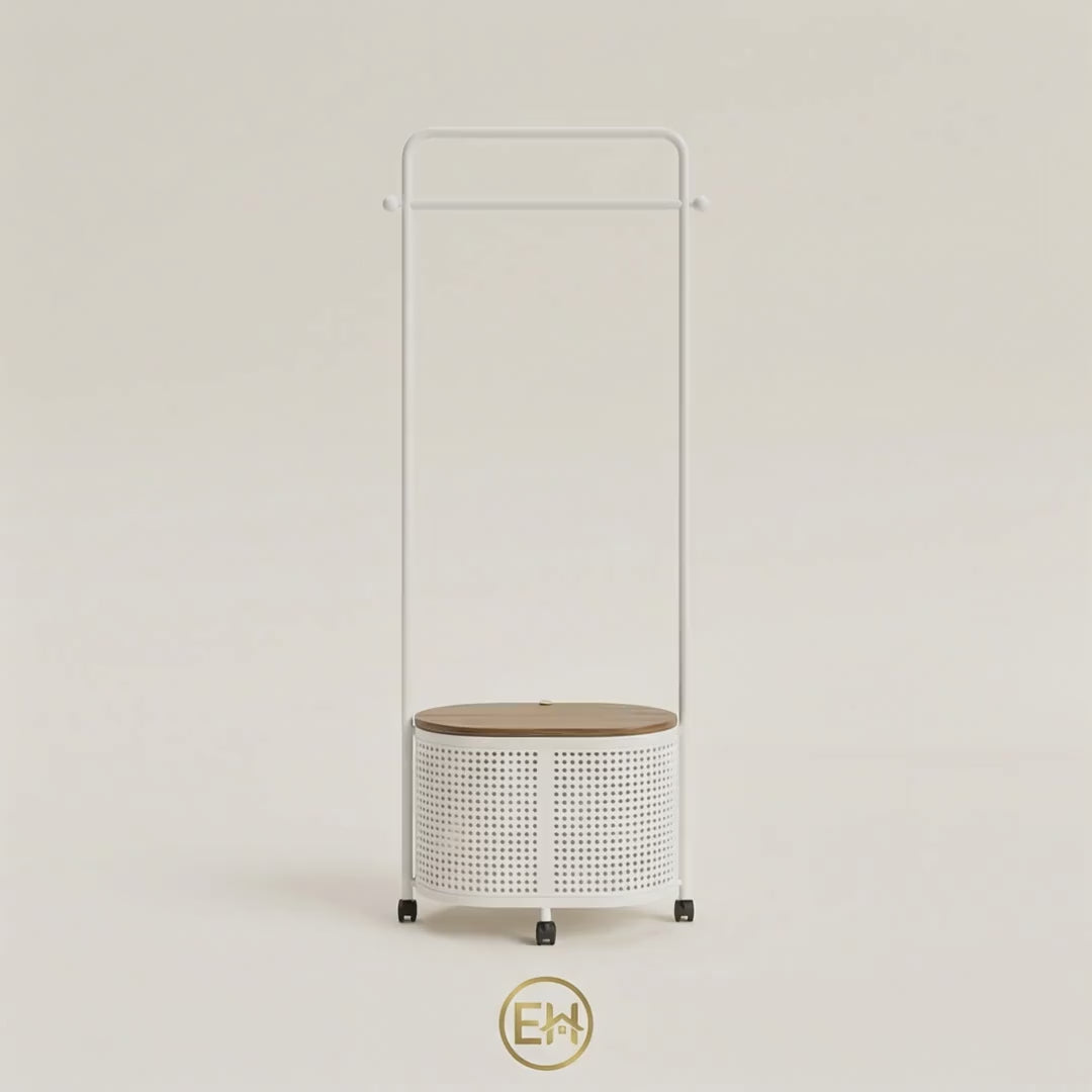 מתלה בגדים רצפתי עם מדף וסל אחסון לבן|||Напольная вешалка для одежды с полкой и чёрной корзиной хранения