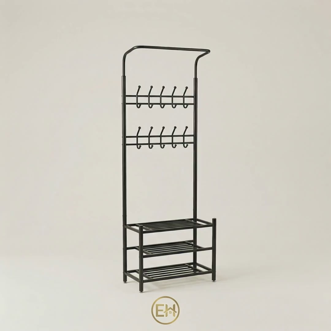 מתלה בגדים רצפתי עם ווים ומדף נעליים|||Напольная вешалка для одежды с крючками и полкой для обуви