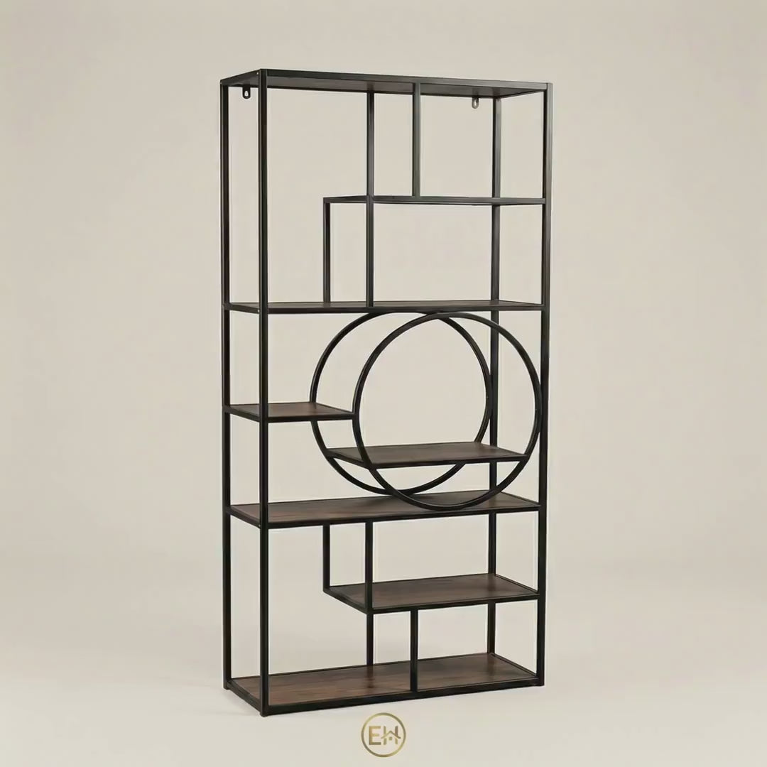 כוננית מדפים מעוצבת עם מדפי עץ טבעי|||Стеллаж с деревянными полками натурального цвета